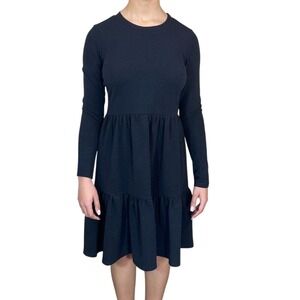 SHEIN Womens Black Long Sleeve Tiered Babydoll Mini Dress Size M Crepe Textured